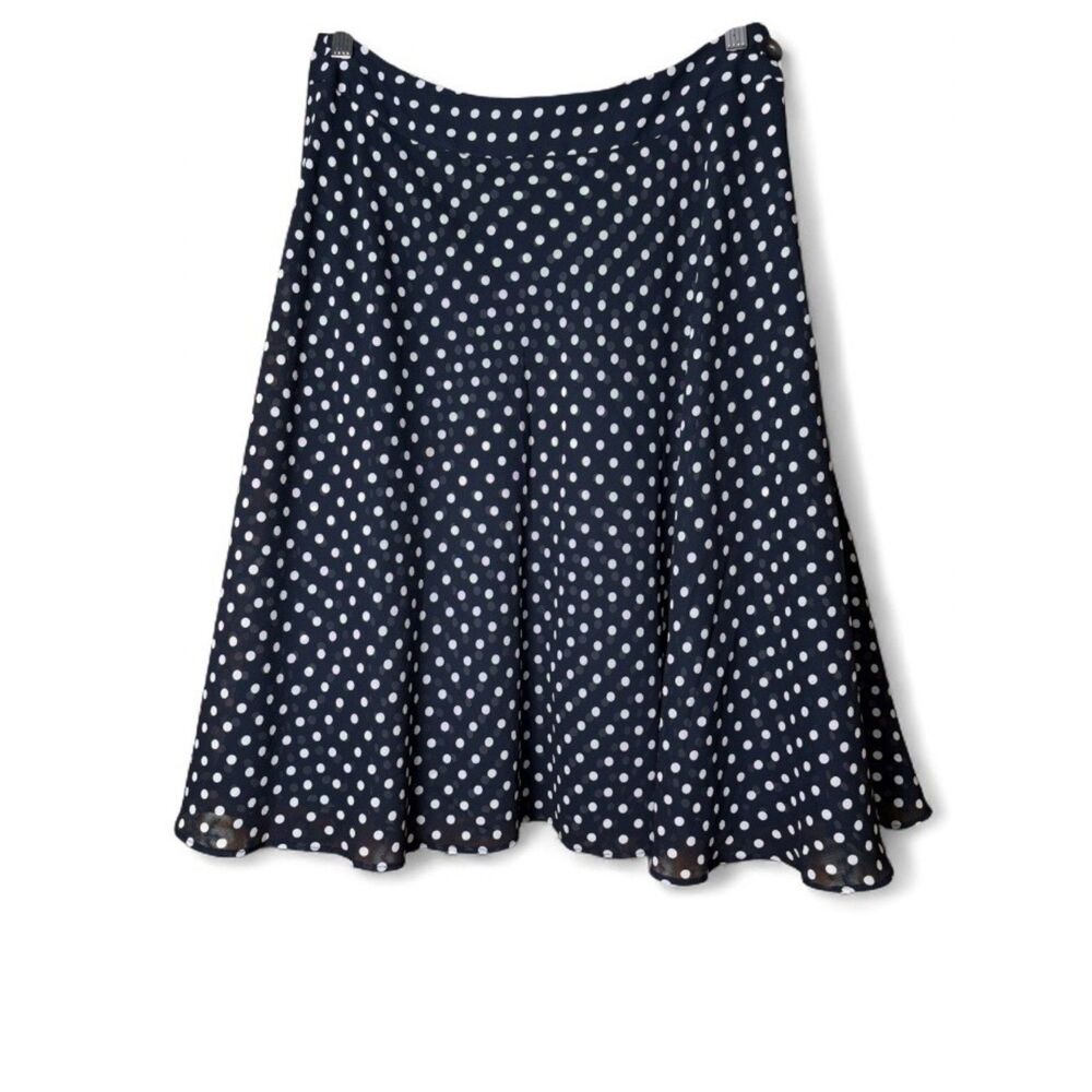 y2K Anne Klein Navy White Polka Dot Chiffon Flared Skirt Sz 8